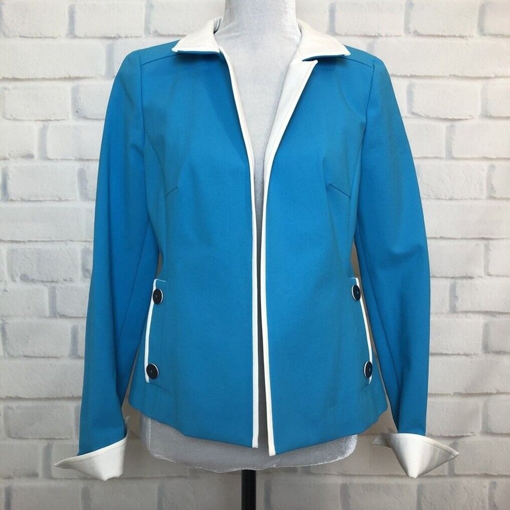 Womens Teal Contrast-Trim Blazer Jacket